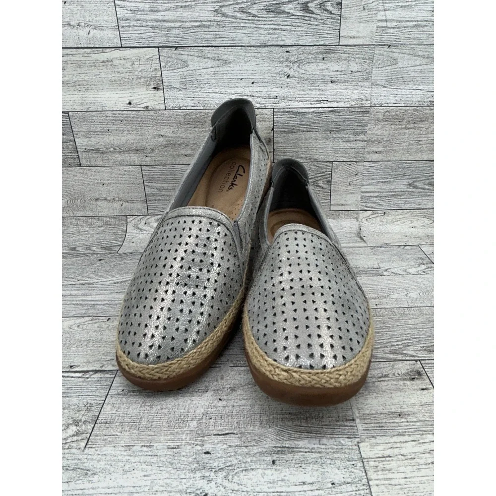 Clarks Collection Silver Metallic Perforated Espadrille Slip On Shoes Women 6.5M
